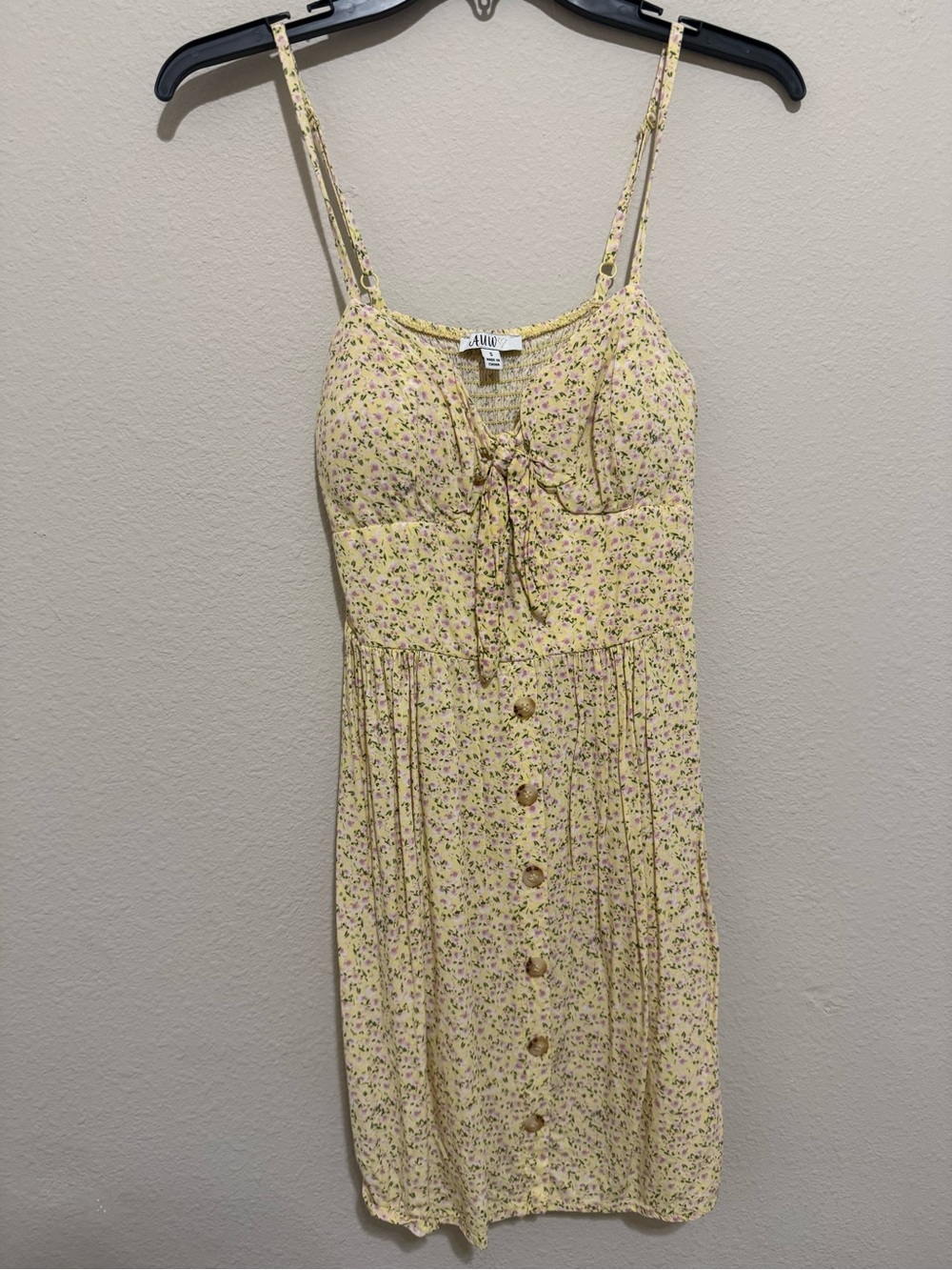 AUW Pale Yellow Floral Midi Dress with Pink & Green Sprigs